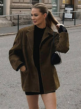 Aurohaya Oversized Suedine Blazer Women's Vintage Lapel Collar Jacket with Buttons & Pockets